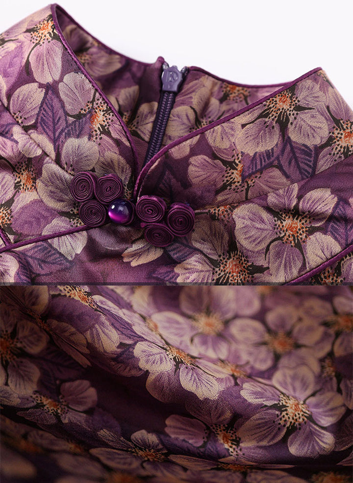 Purple Floral Print Mothers Cheongsam Qipao Dress