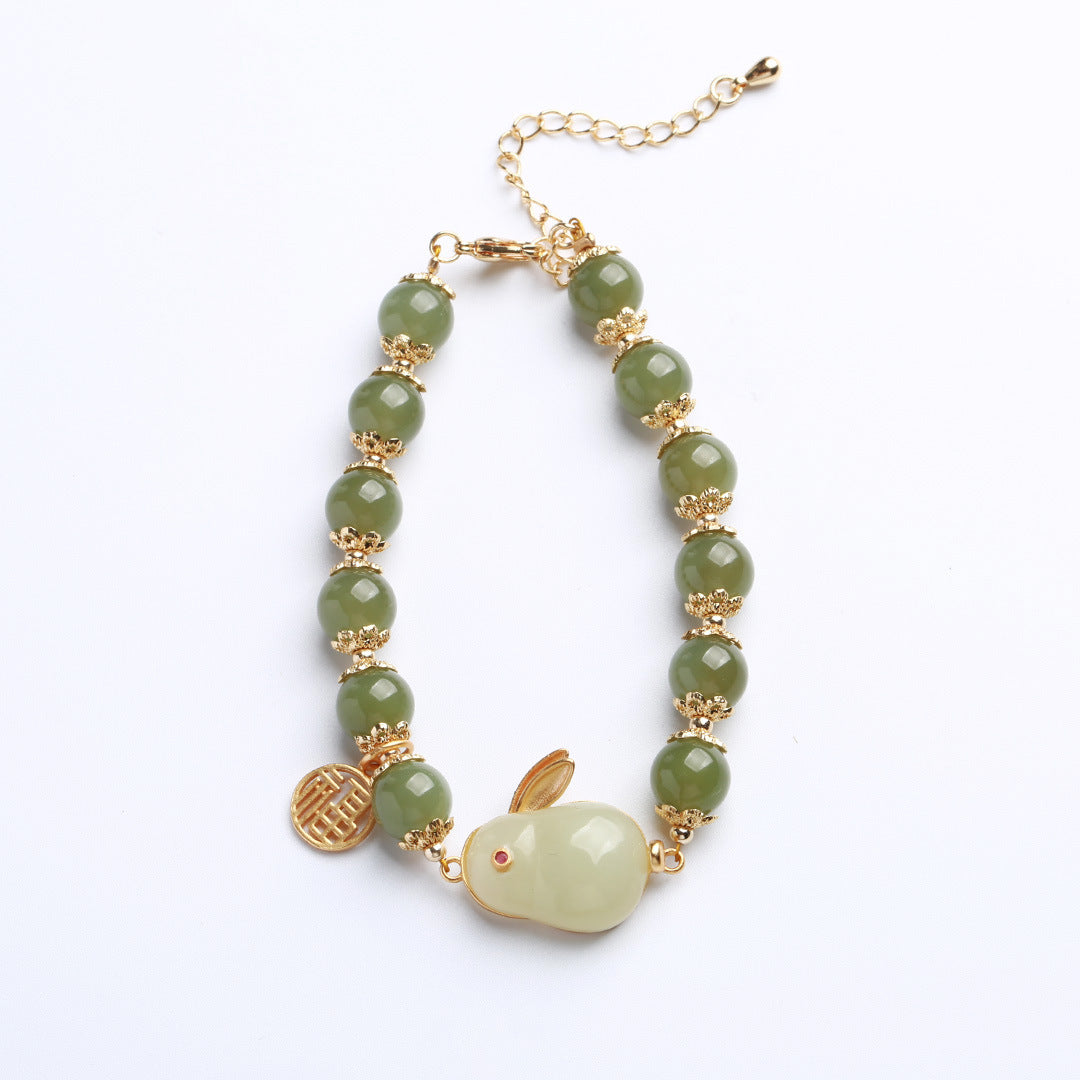 Jade Chinese Zodiac Rabbit Silver Beads Bracelets