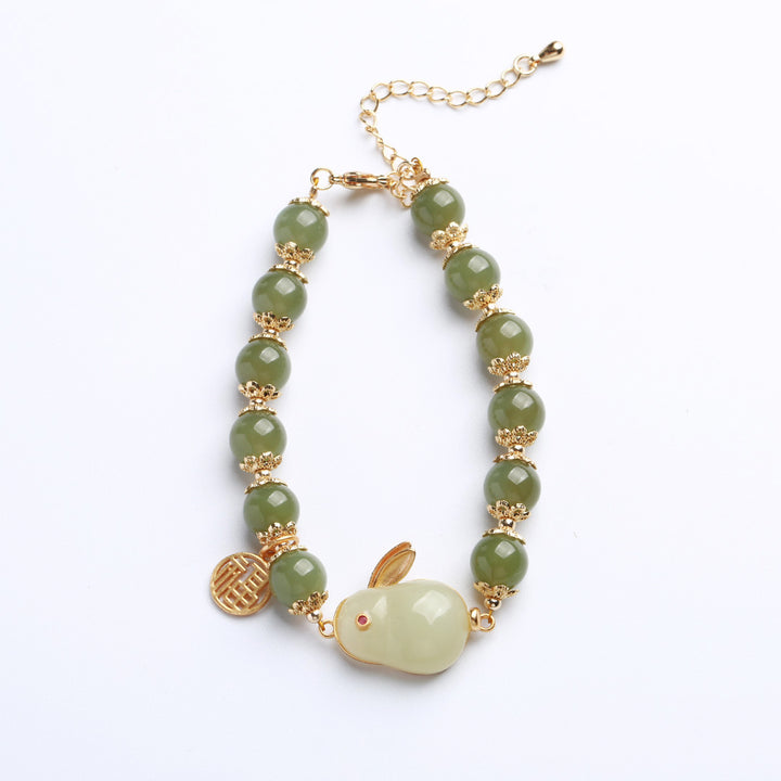Jade Chinese Zodiac Rabbit Silver Beads Bracelets
