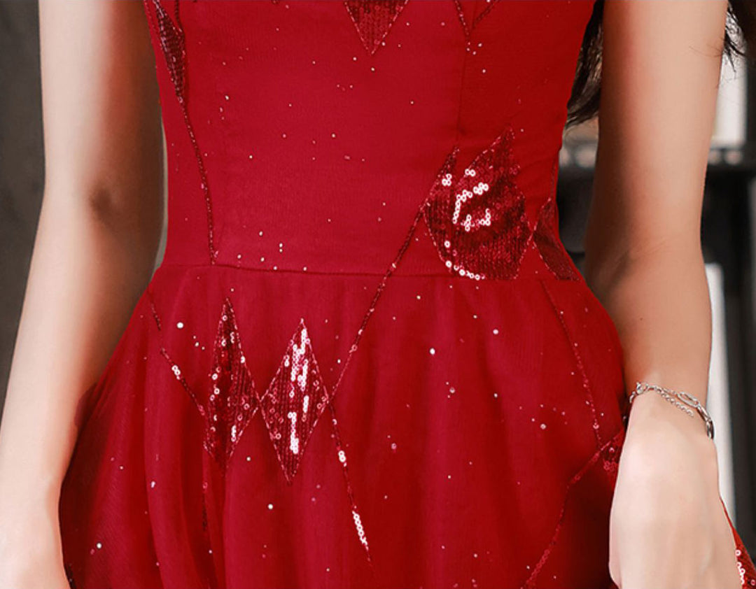 Red Shimmery Sequined Fit & Flare Tulle Midi Dress