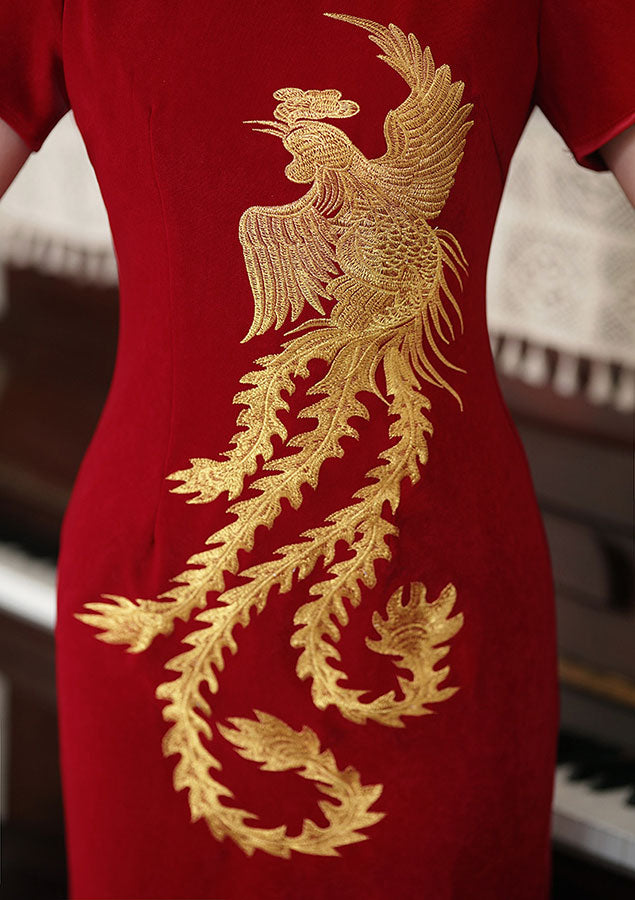 Red Embroidered Phoenix Wedding Cheongsam Qipao Dress