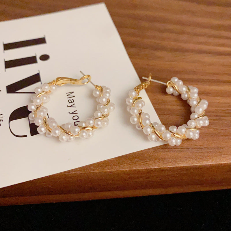 Gold Plated Rhinestone Pearls Hoop Earrings