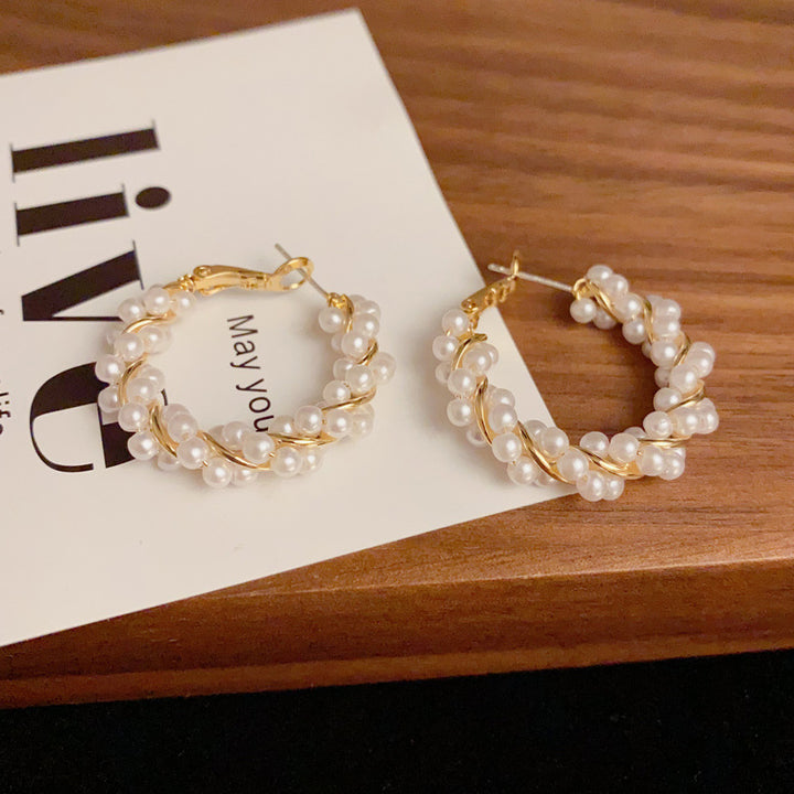 Gold Plated Rhinestone Pearls Hoop Earrings