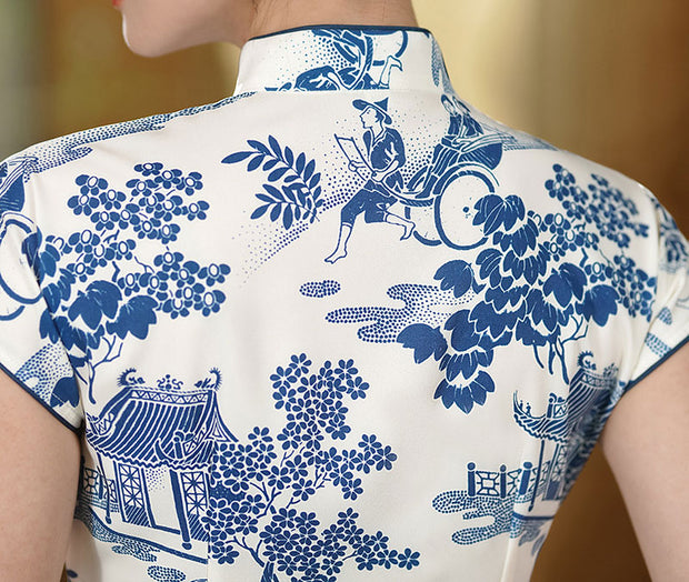 Blue and White Vintage Print Cheongsam Qipao Dress