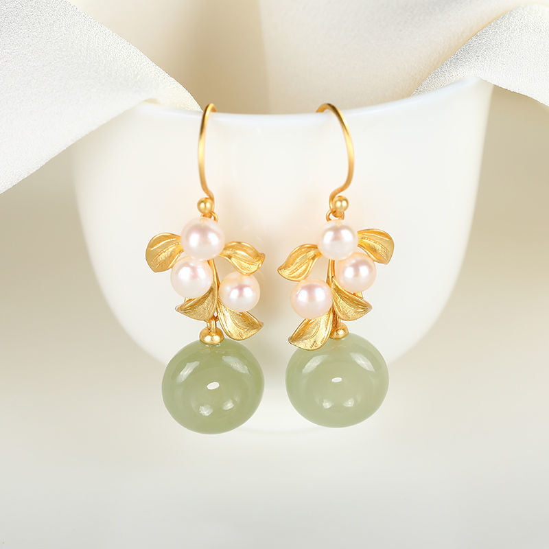 Gold Plated Leaf Pearl Jade Drop Dangle Earrings