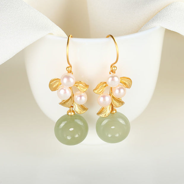 Gold Plated Leaf Pearl Jade Drop Dangle Earrings