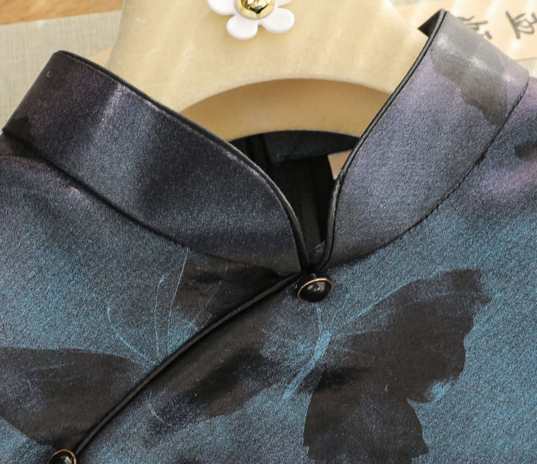 Blue Butterfly Sleeveless Cheongsam Qipao Dress