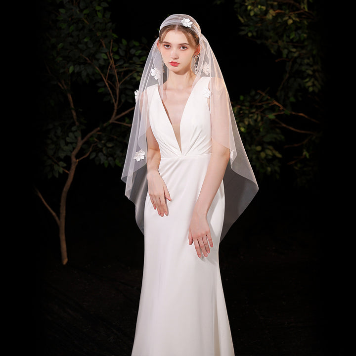 One Tier Wedding Bridal Appliques Veil Without Comb