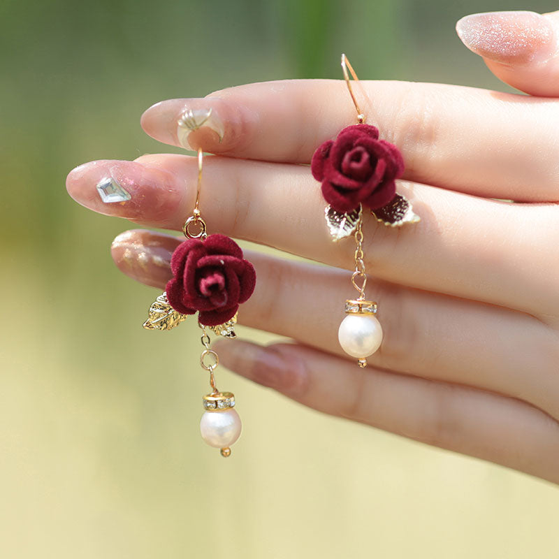 Red Fabric Rose Pearl Drop Dangle Earrings