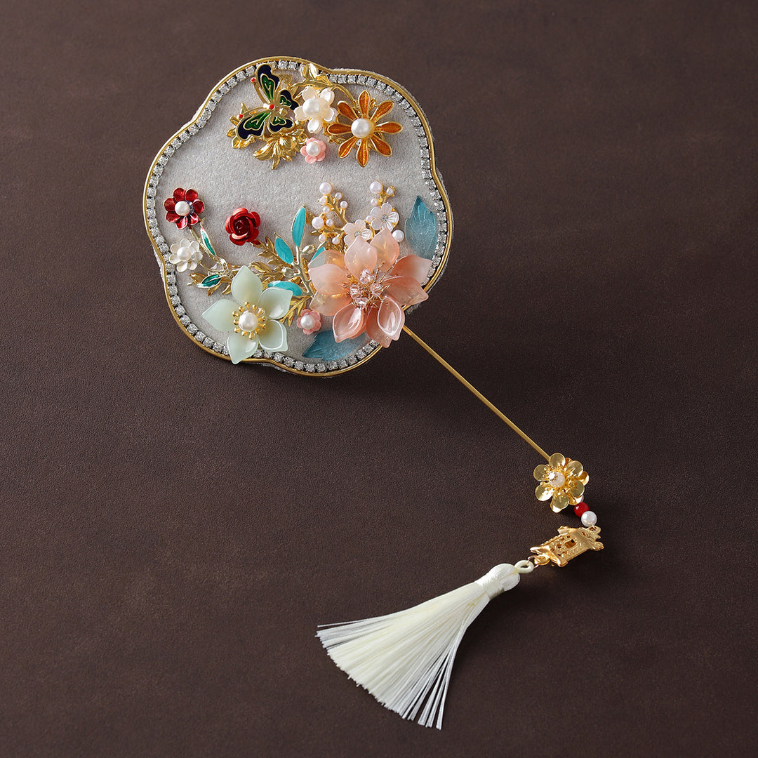 Mini Size Gray Blue Vintage Floral Hand Held Hexapetala Fans