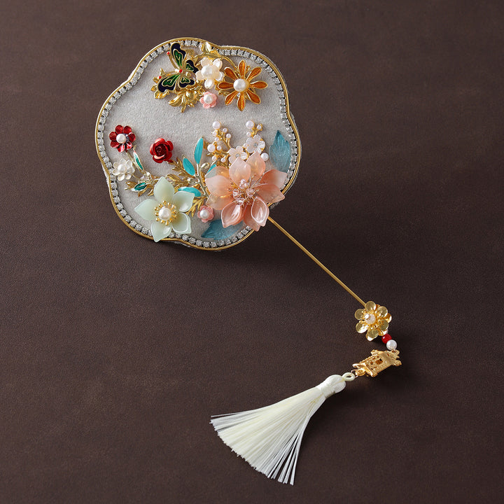 Mini Size Gray Blue Vintage Floral Hand Held Hexapetala Fans