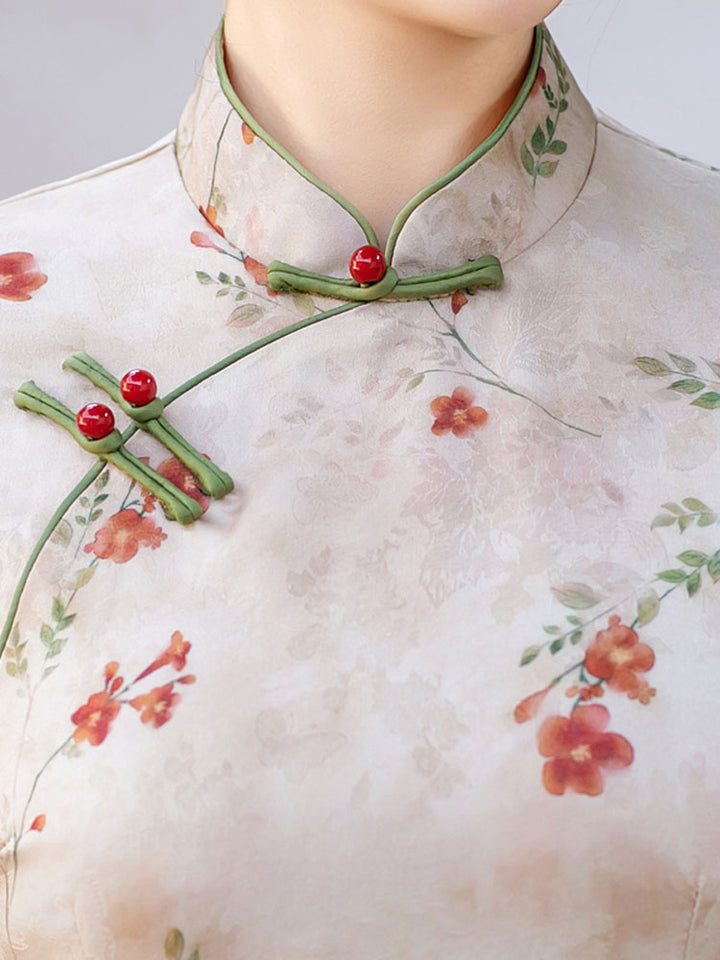 Pink Floral Print Cheongsam Qipao Dress