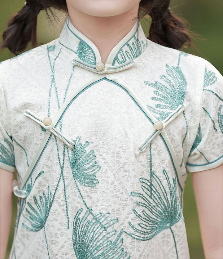 White Embroidered Lace Kids Girls Cheongsam Qipao Dress
