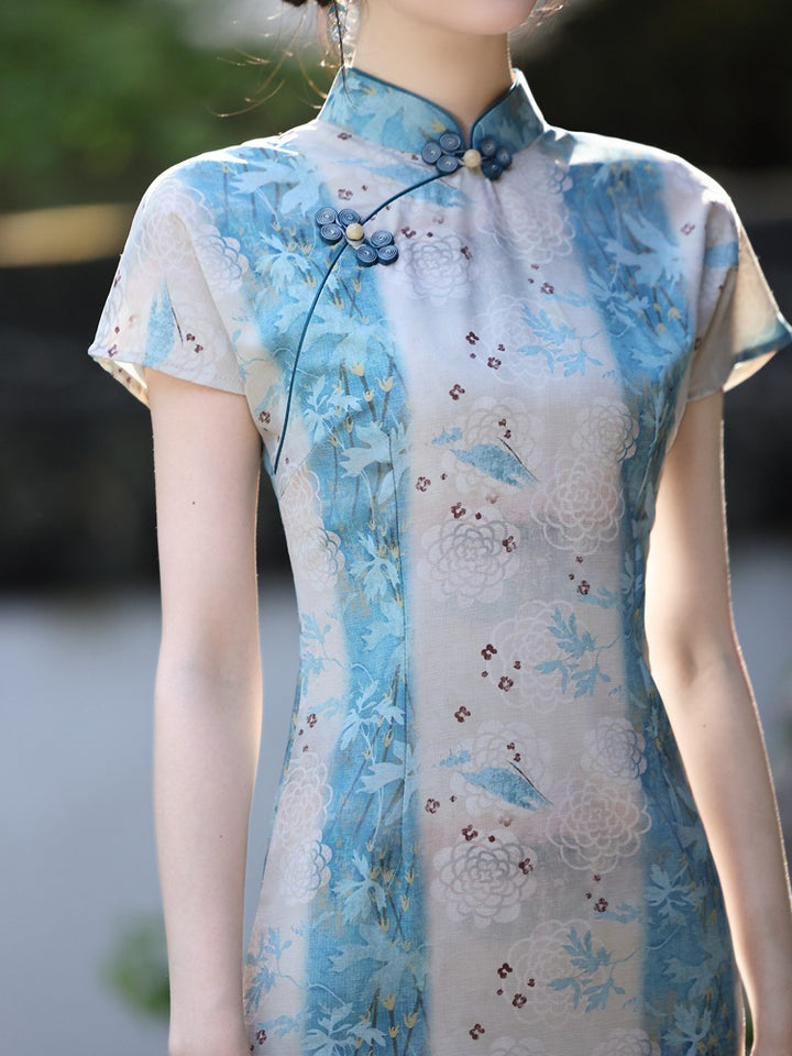 Blue Floral Tencel Linen Cheongsam Qipao Dress