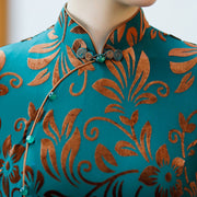 Blue Floral Velvet Belt Mothers A-Line Cheongsam Qipao Dress