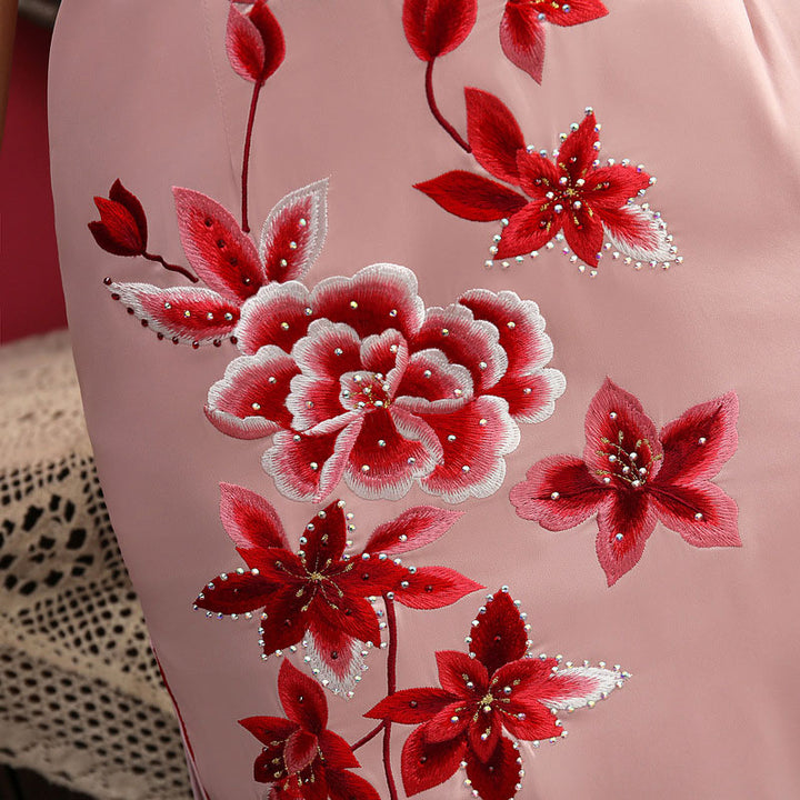 Green Pink Beaded Embroidered Cheongsam Qipao Dress