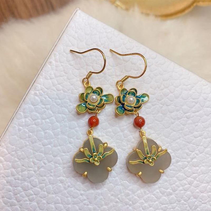 Gold Plated Flower Jade Drop Dangle Earrings