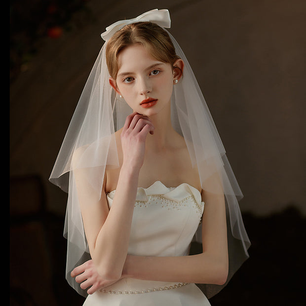 Two Tiers Tulle Wedding Bridal Bow Knot Veil With Comb