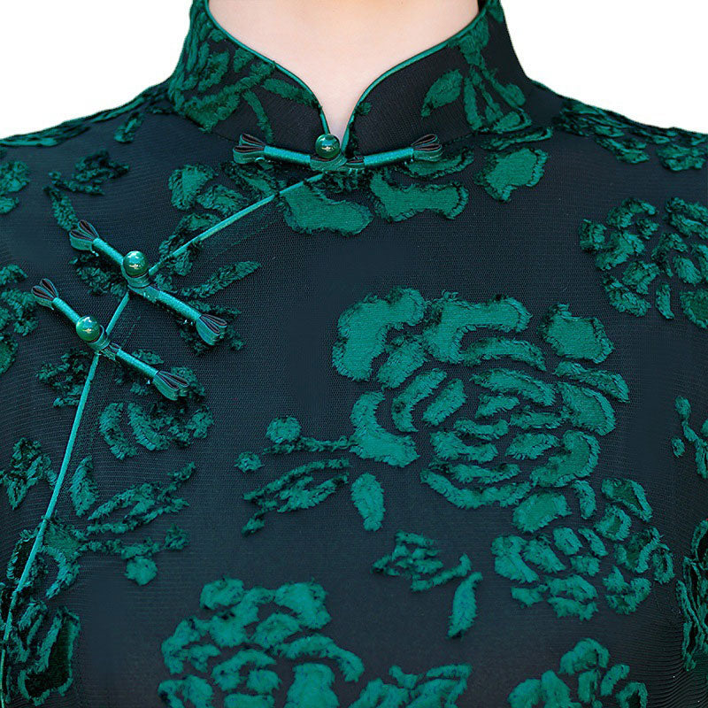 Red Green Mothers Floral A-Line Cheongsam Qipao Dress