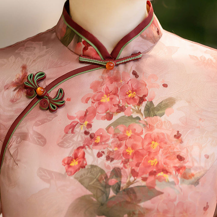 Pink Floral Print Midi Cheongsam Qipao Dress