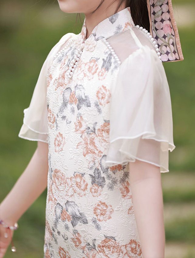 Jacquard Flutter Sleeve Kids Girls Cheongsam Qipao Dress