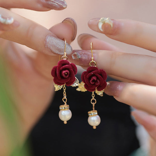 Red Fabric Rose Pearl Drop Dangle Earrings