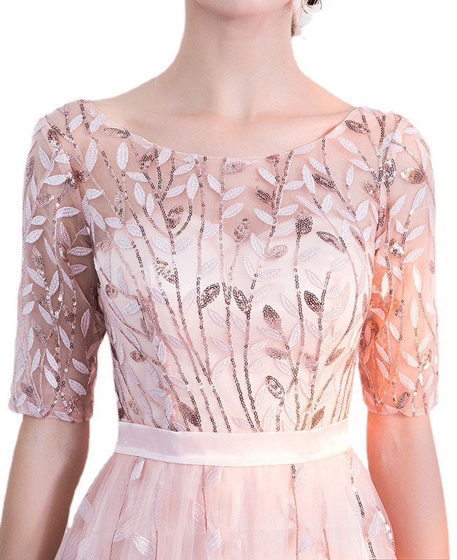 Pink Beige Sequined A-Line Full Length Prom Dress