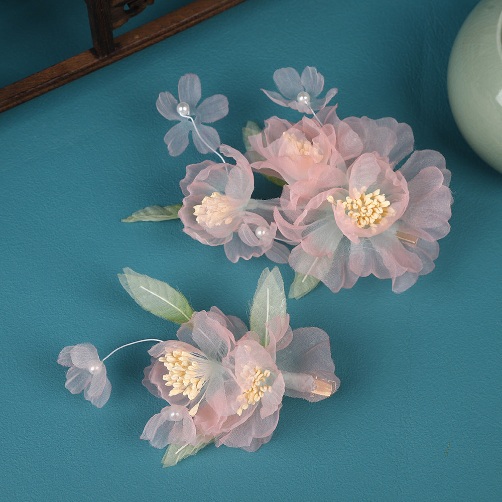 2 Pcs Pink Fabrics Flower Hair Pins Clips