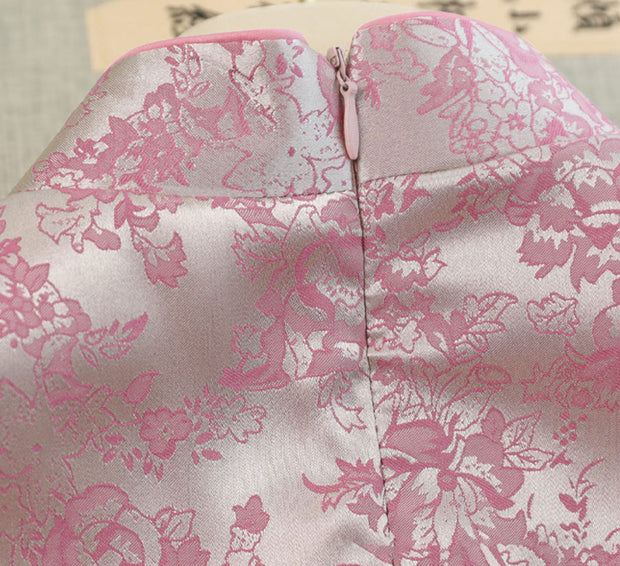 Pink Jacquard Floral Sleeveless Long Cheongsam Qipao Dress