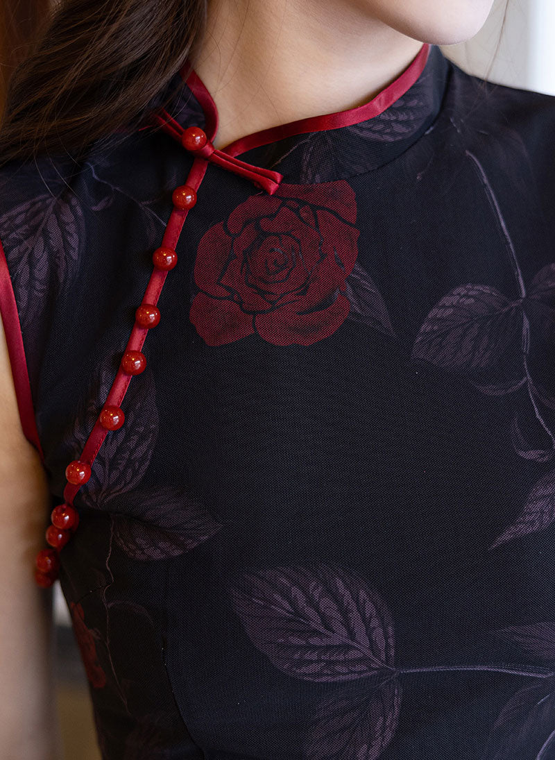 Pink Black Summer Floral Print Cheongsam Qipao Dress