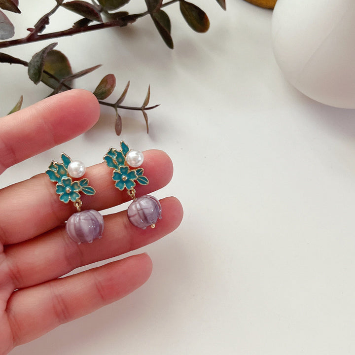 Purple White Glaze Flower Dangle Drop Earrings