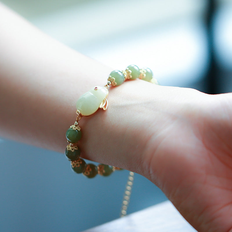 Jade Chinese Zodiac Rabbit Silver Beads Bracelets