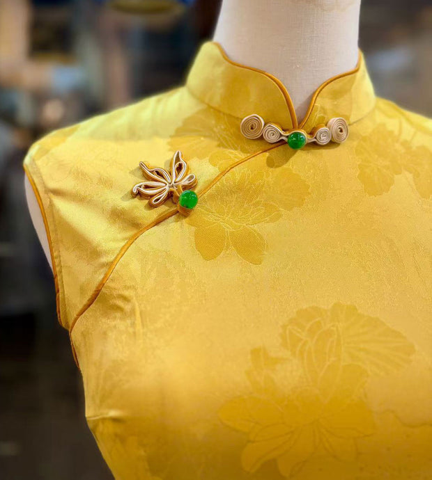 2025 Yellow Green Jacquard Floral Cheongsam Qipao Dress