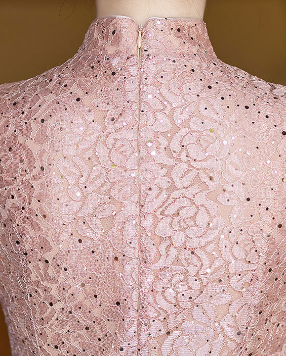 Purple Pink Sequins Lace Mothers Midi Cheongsam Qipao Dress