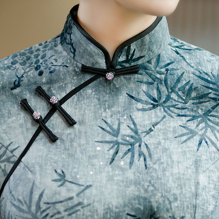2023 Winter Gray Black Floral Midi Cheongsam Qipao Dress