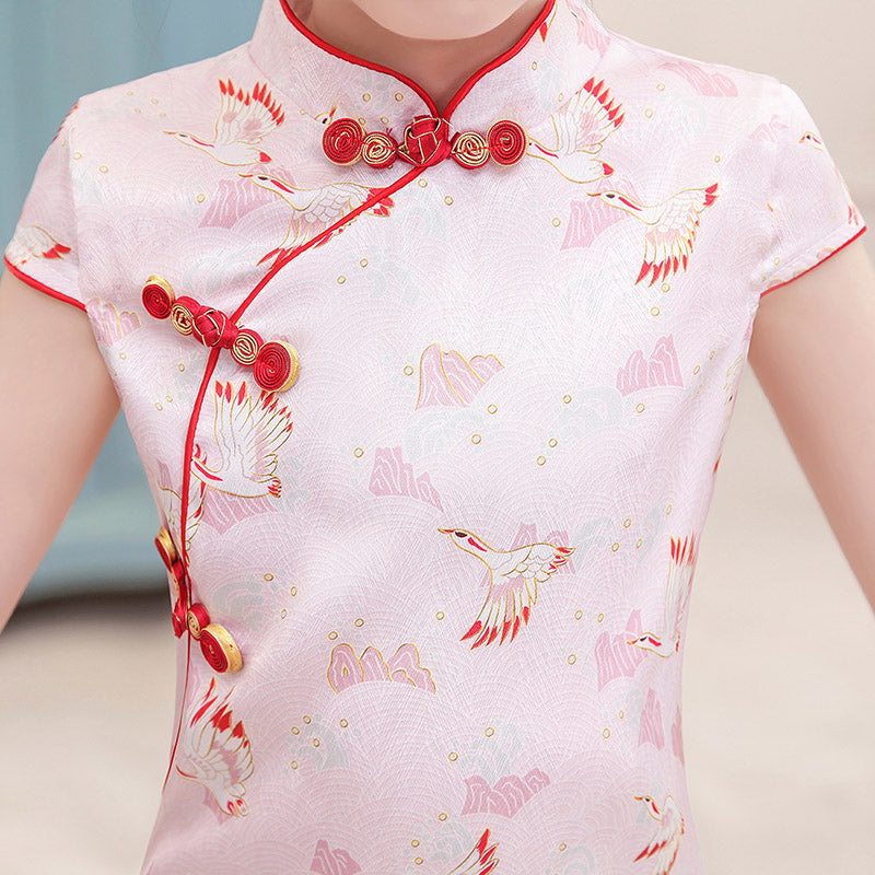 Pink Green Print Kids Girls Qipao Cheongsam Dress