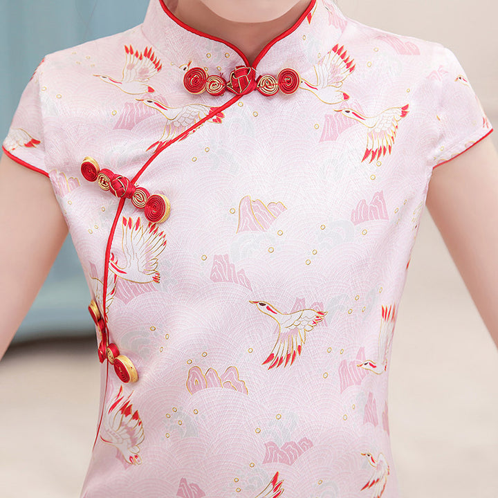 Pink Green Print Kids Girls Qipao Cheongsam Dress