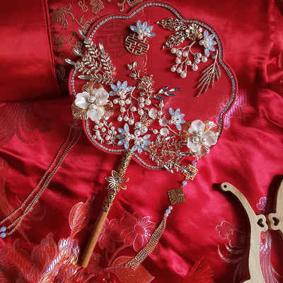 Red Pearl Floral Bride Wedding Hand Held Hexapetala Fans