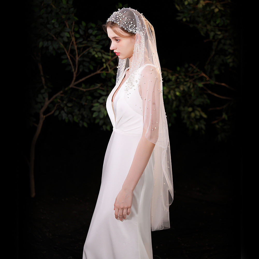 One Tier Wedding Bridal Pearls Veil Without Comb