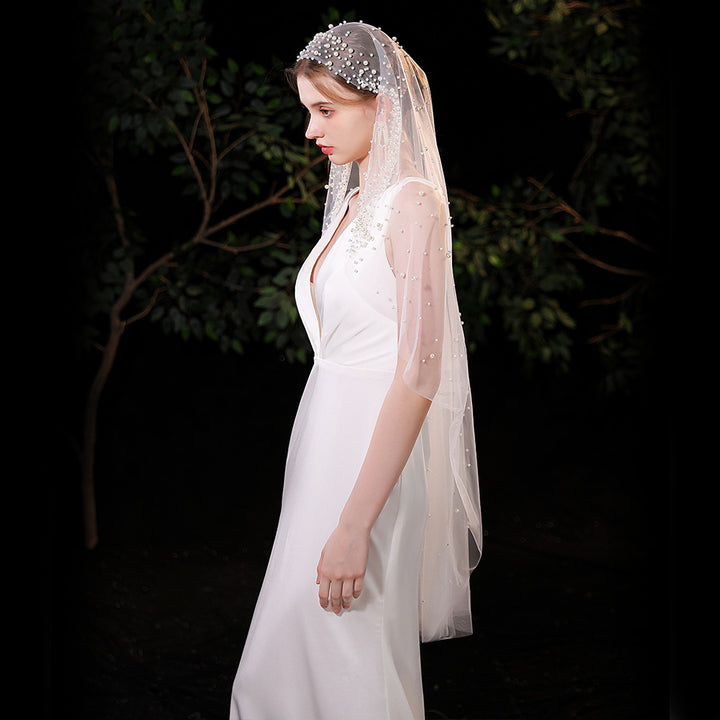 One Tier Wedding Bridal Pearls Veil Without Comb