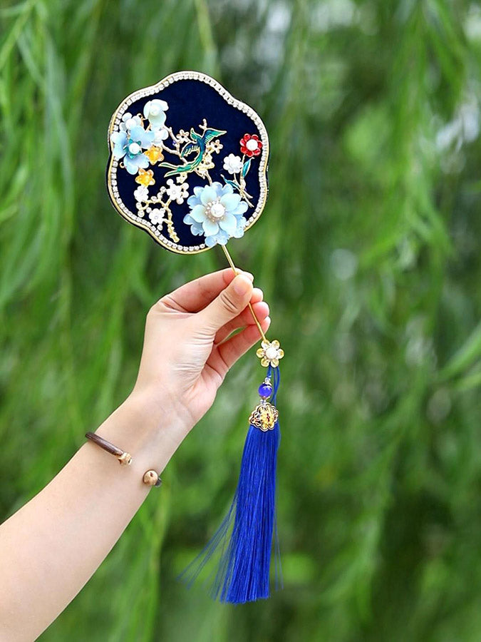 Mini Size Gray Blue Vintage Floral Hand Held Hexapetala Fans