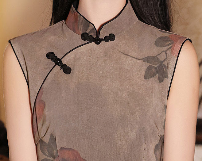 2024 Rose Print Midi Cheongsam Qipao Dress