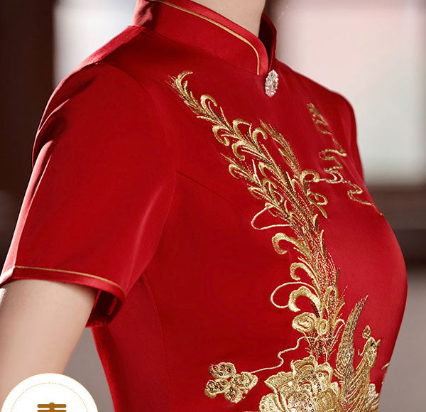 Red Embroidered Phoenix Mothers Wedding Cheongsam Qipao Dress