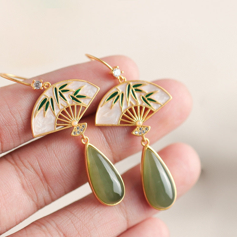 Rhinestone Sector Jade Dangle Drop Earrings
