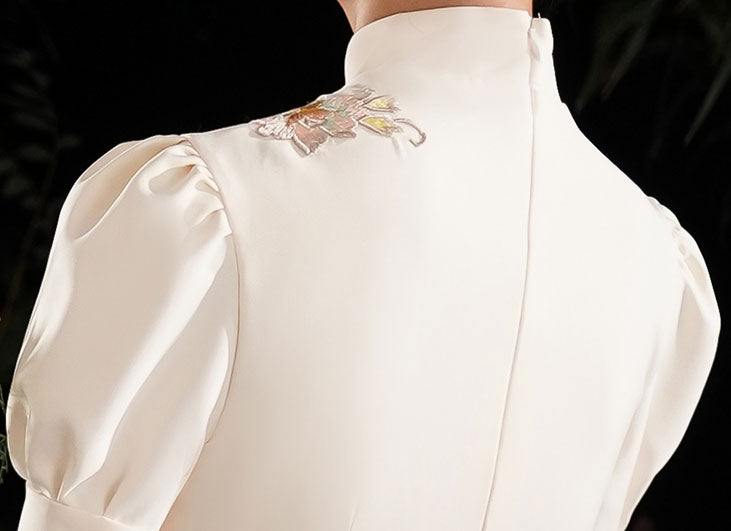 Gray White Embroidered Puff Sleeve Midi Cheongsam Dress