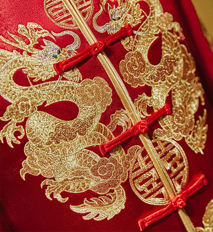 2024 Embroidered Dragon Men Wedding Qun Kwa Jacket & Skirt