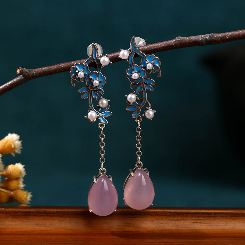 Pink Jade Alloy Flower Dangle Drop Earrings