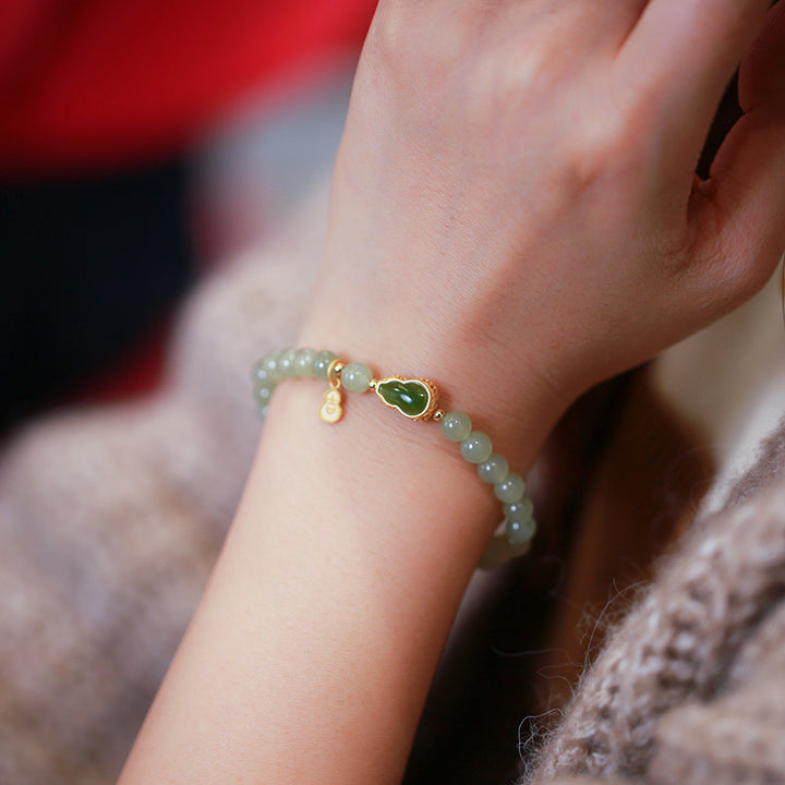 Green Jade Beads Silver Lotus Pendant Woman Bracelets