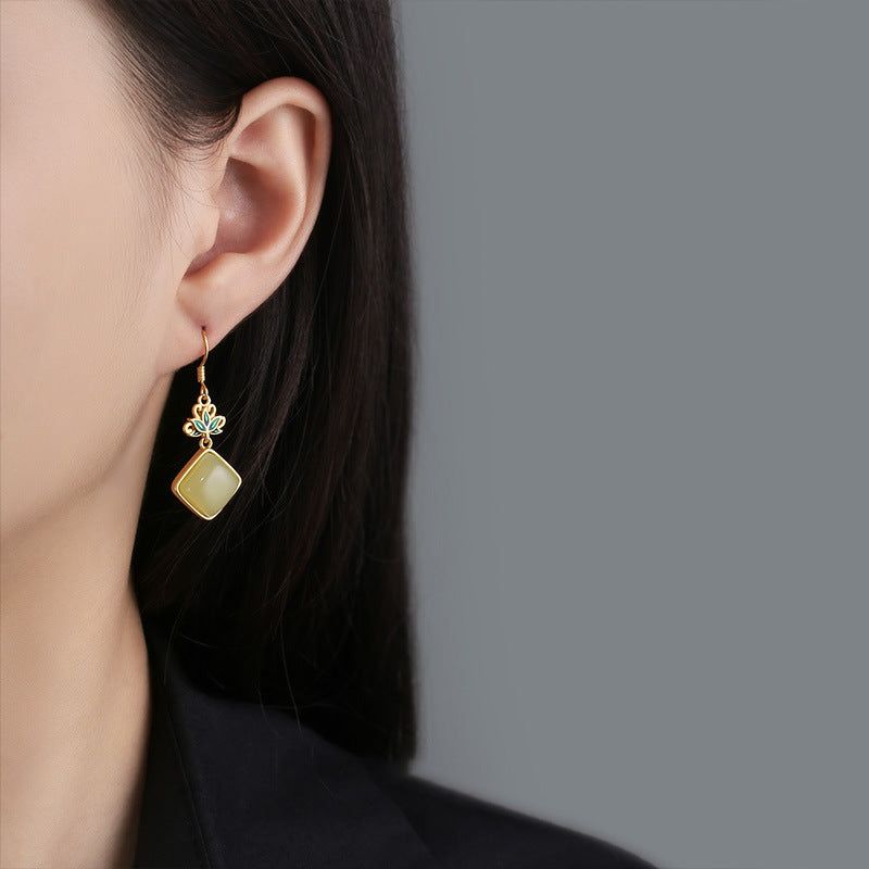 Gold Plated Lotus Jade Drop Dangle Earrings