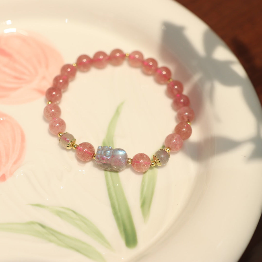 Pink Strawberry Quartz Pixiu Pendant Beads Bracelets